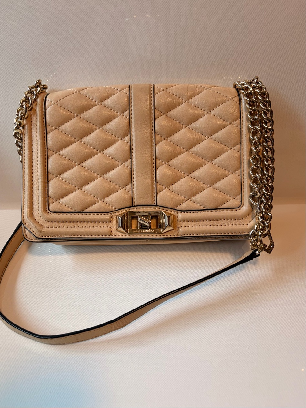 Rebecca Minkoff Quilted Beige Crossbody Bag with Gold Chain